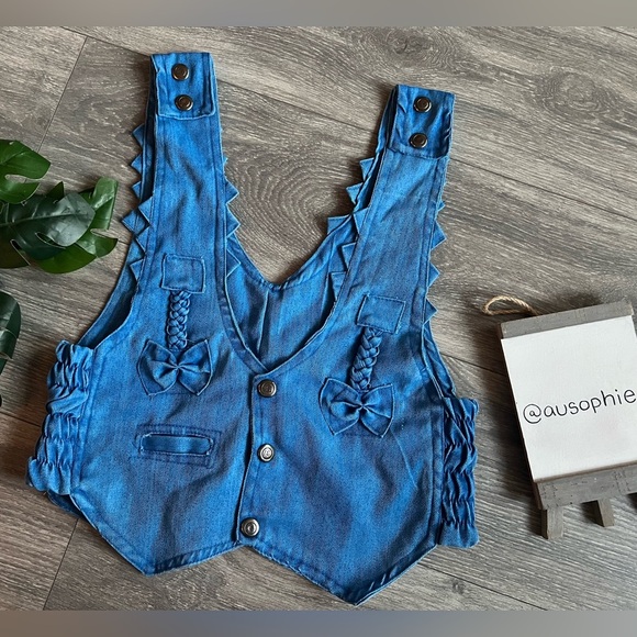 Kawaii unbranded bow detail panda snap button smocked bright blue jean vest M - Picture 1 of 10